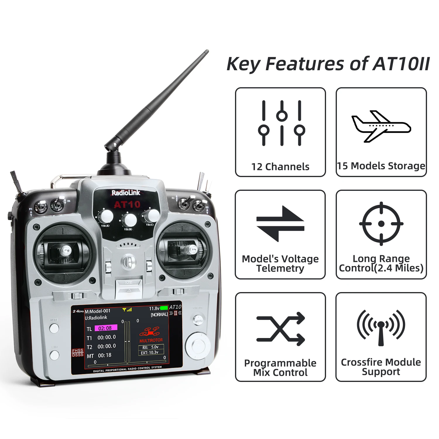 Professional RadioLink Aerial Drone RC transmitter AT10II RSSI Rea-time telemetry SBUS/PWM/PPM signal out-put transmitter