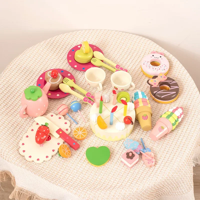 2023 New Baby Wooden Pink Barreled Pretend Rabbit Dessert Game Educational Birthday Cake Gifts Kitchen Toys for Girls