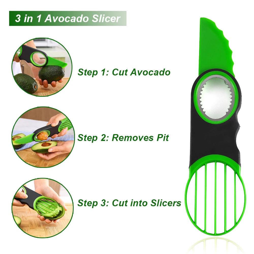 Hot cheap food grade kitchen gadget green color 3 in 1 tool fruit core remover avocado slicer cutter