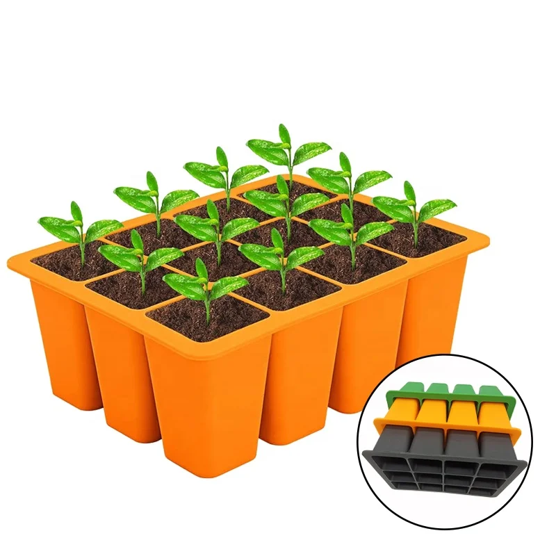 Reusable 12 Holes Seed Germinating Plant Nursery Seeding Starter Growing Trays Silicone Seedling Tray