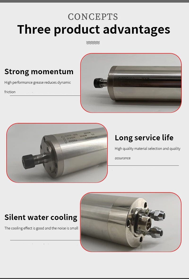 Low noise water-cooled spindle motor 800W 220V 3.0A 24000rpm 400Hz ER11 for CNC machines