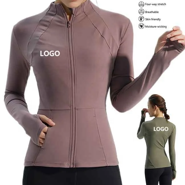 Autumn Winter Yoga Wear Women Standing Neck Zipper Sports Top Quick Dry Slim Long sleeved Yoga Coat Fitness Jacket with Pocket