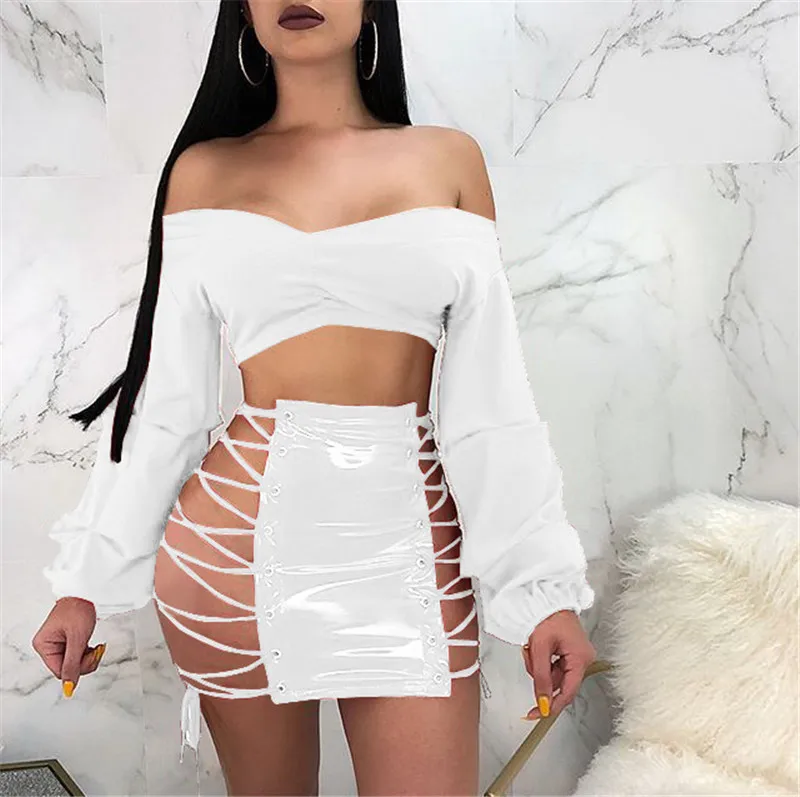 B30183A 2018 Latest lace-up design patent leather shining PU sexy skirt