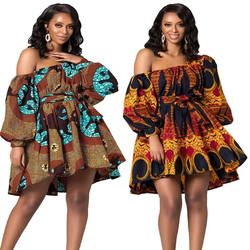 Factory cheap price A-line mini drop off sleeve 2022 skirts and women dresses gold supplier african wax print dress