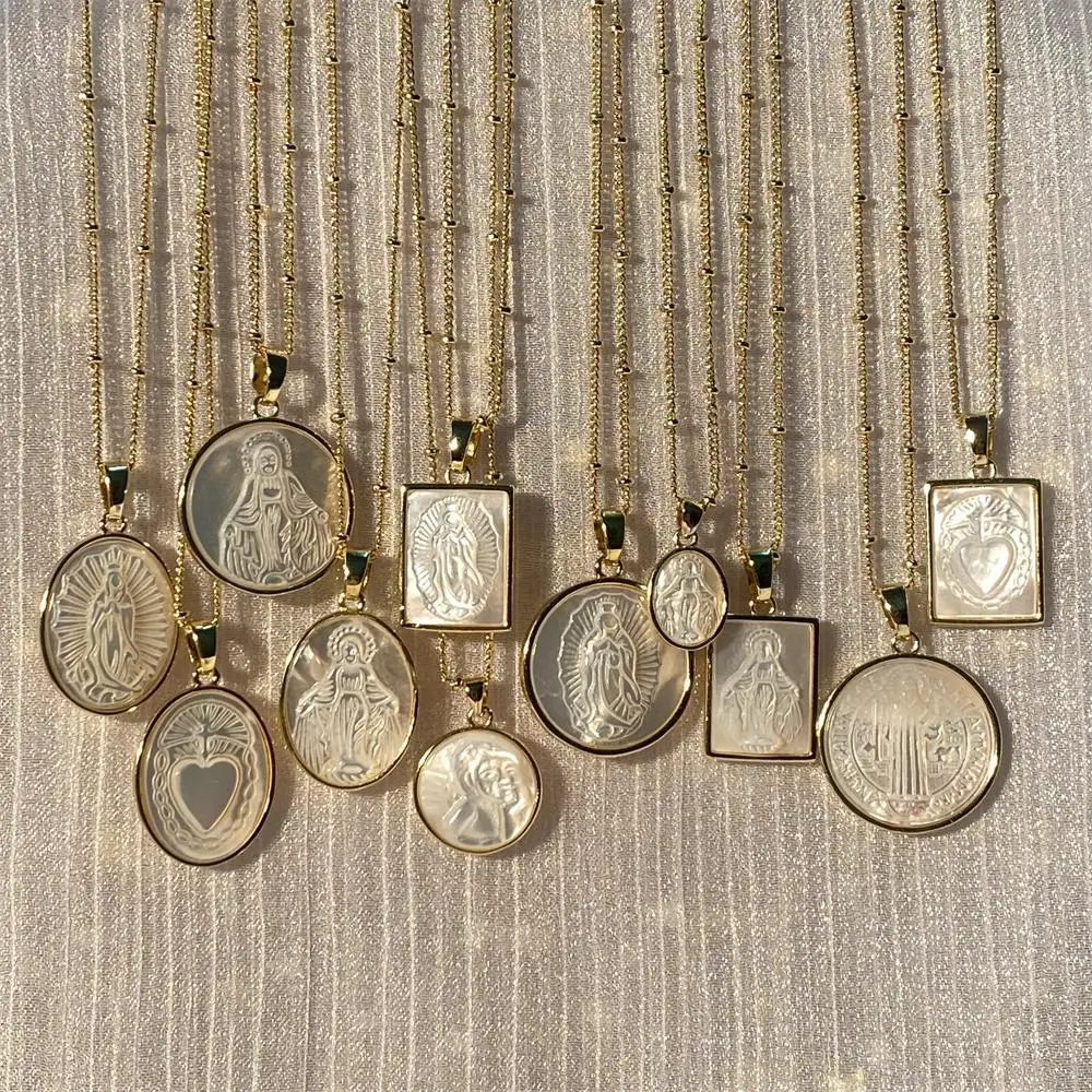 Religious Seashell Pendant Necklace gold plated Angel Jesus Virgin Mary Holy Family Necklace