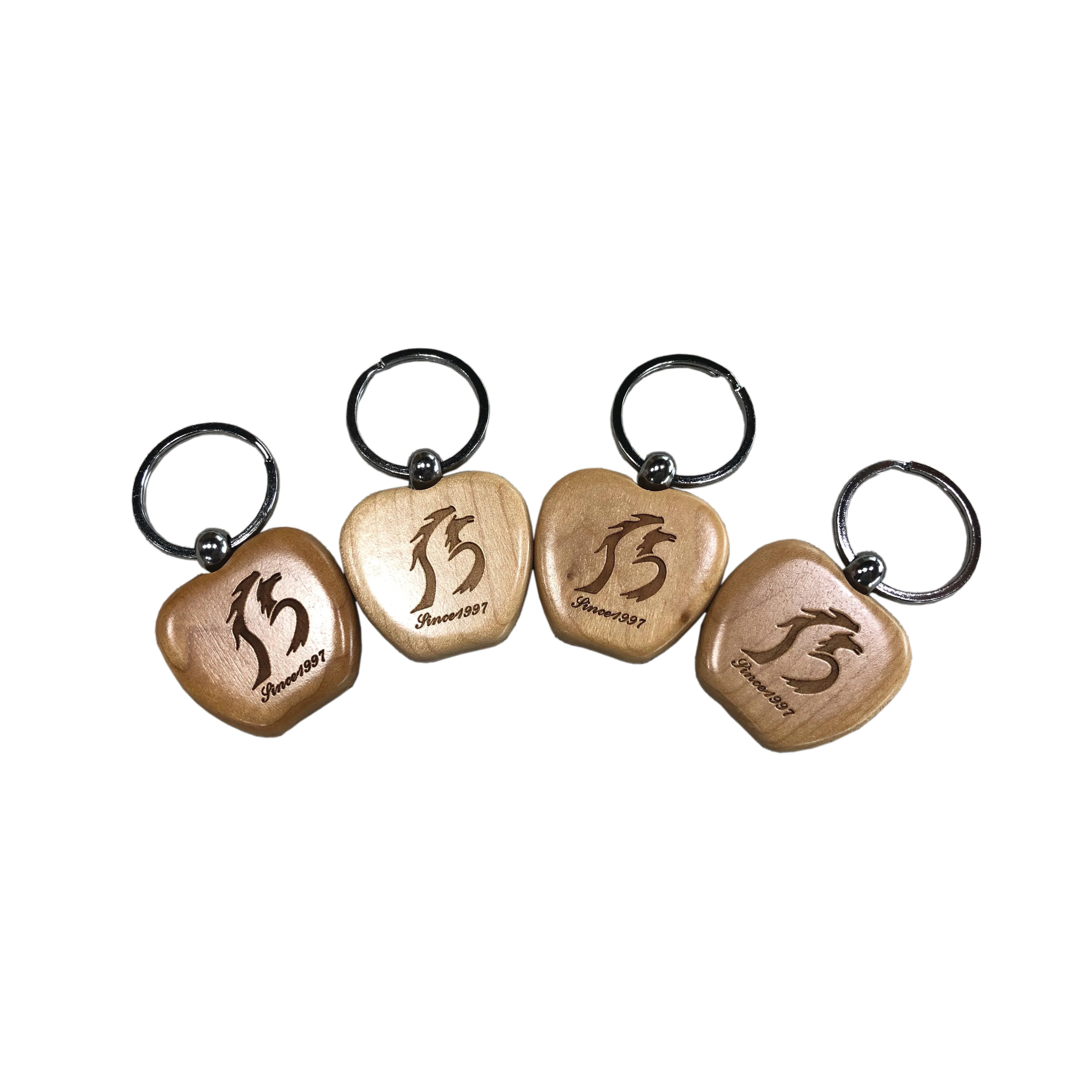 Оптовая продажа, кленовый деревянный брелок для ключей в подарок, цепочка для ключей в форме яблока, брелок для ключей в стиле ретро с лазерным логотипом