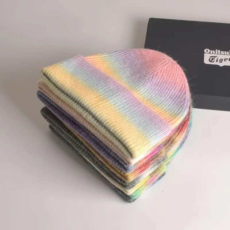 custom cute luxury warm knitted beanie blanks Winter cashmere bennie caps women gradient rainbow beanie hats with custom logo