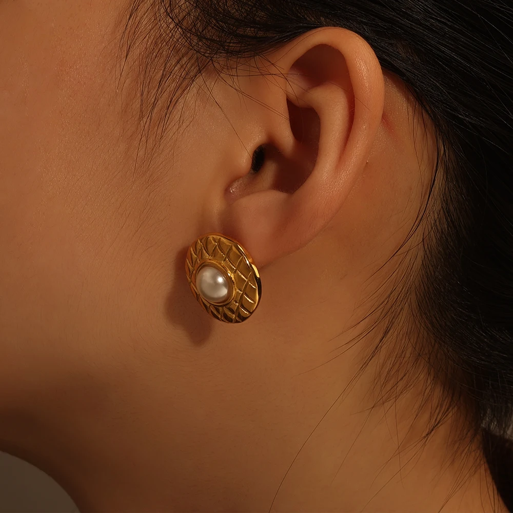 Mingxi Jewelry Fashion Waterproof Stainless Steel 18k Gold Plated Round Pearl Rhombus Inlaid Pearl Earrings