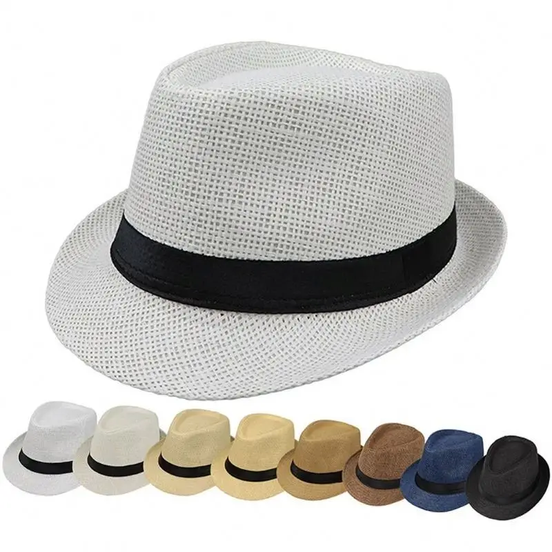 Men Women Summer Beach Jazz Panama Trilby Fedora Straw Dress Hat Male Short Brim Beach Cap Sun Hat