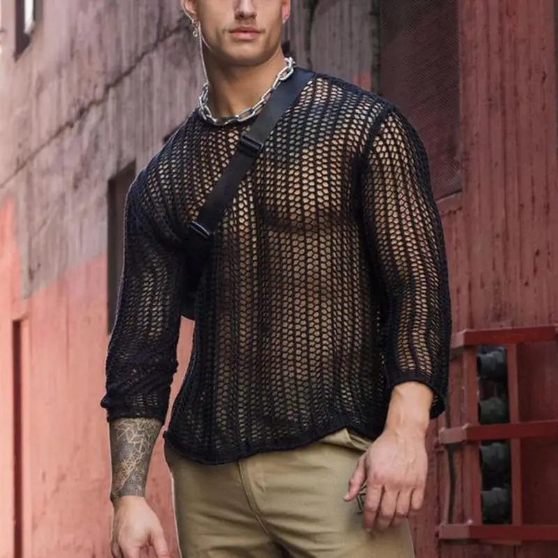 Summer new style men sexy hollow fit shirts plus size custom casual mesh long-sleeved t-shirt for men