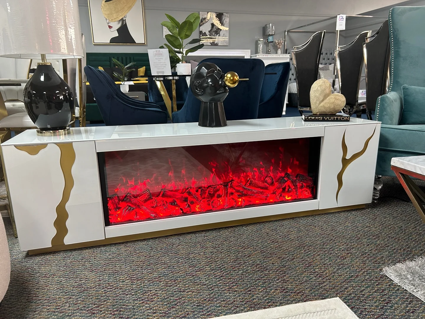 Modern US style white mirrored TV stand with electric fireplace heater Bluetooth speakers mirrored TV stand