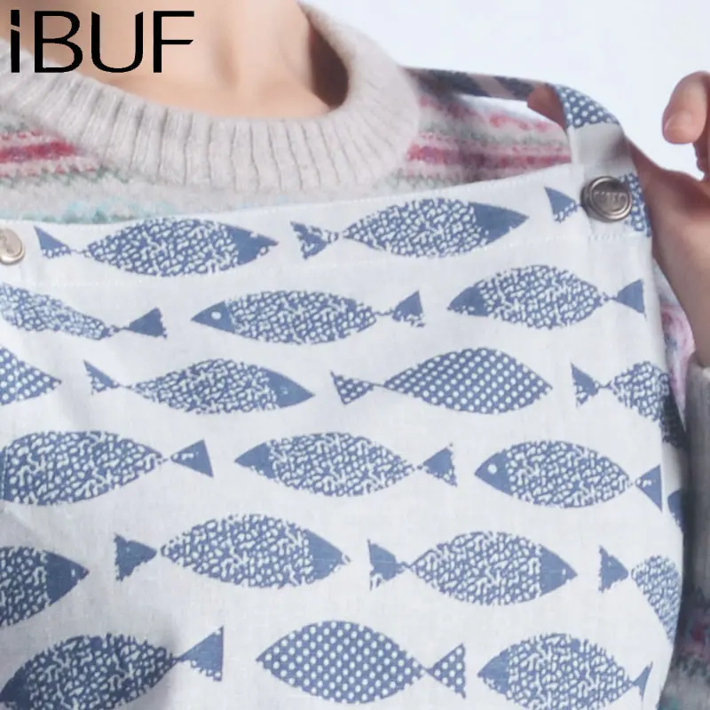 Cheap Fashion Cute Fish Printing Cotton and linen fabric Family Kitchen Apron coffee work clothes apron  Waiters Uniform Apron