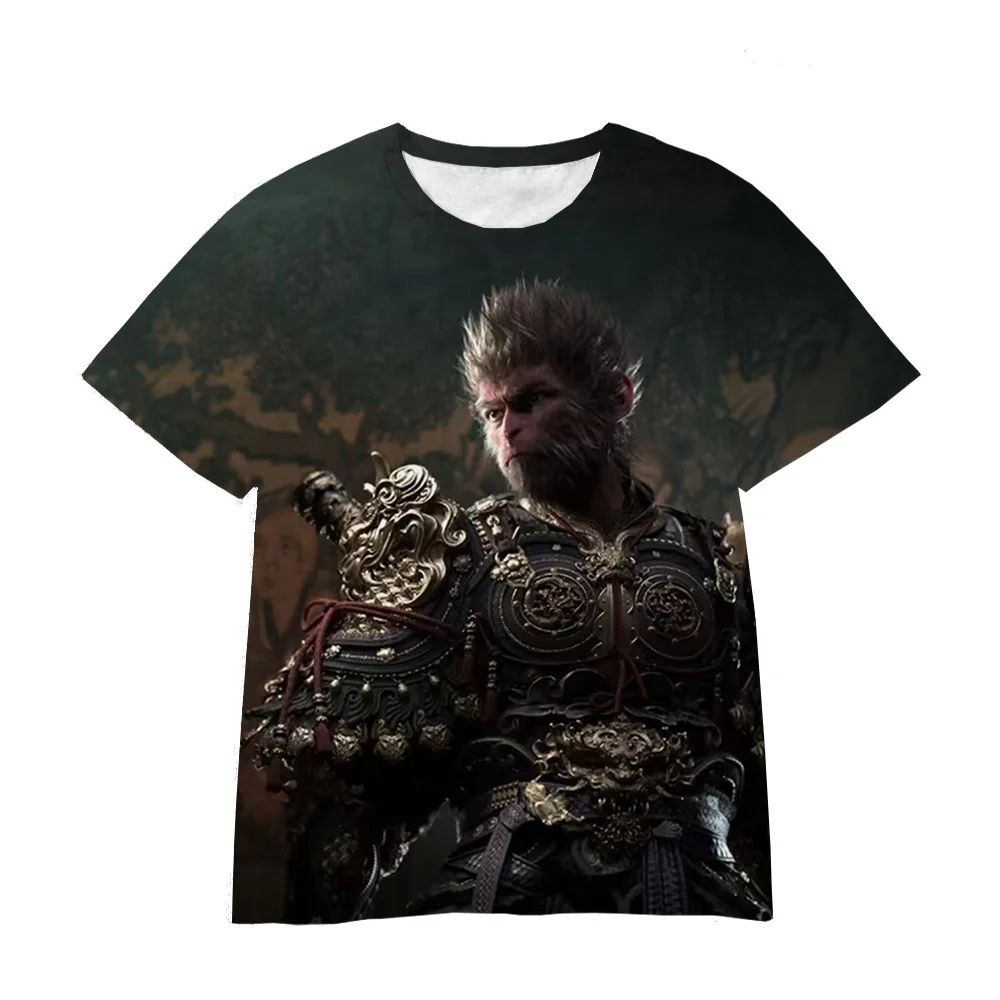 Chinese Characters Game Costume Black Myth Wu Kong Print T-Shirt Summer Cotton Short Sleeve Men Tops
