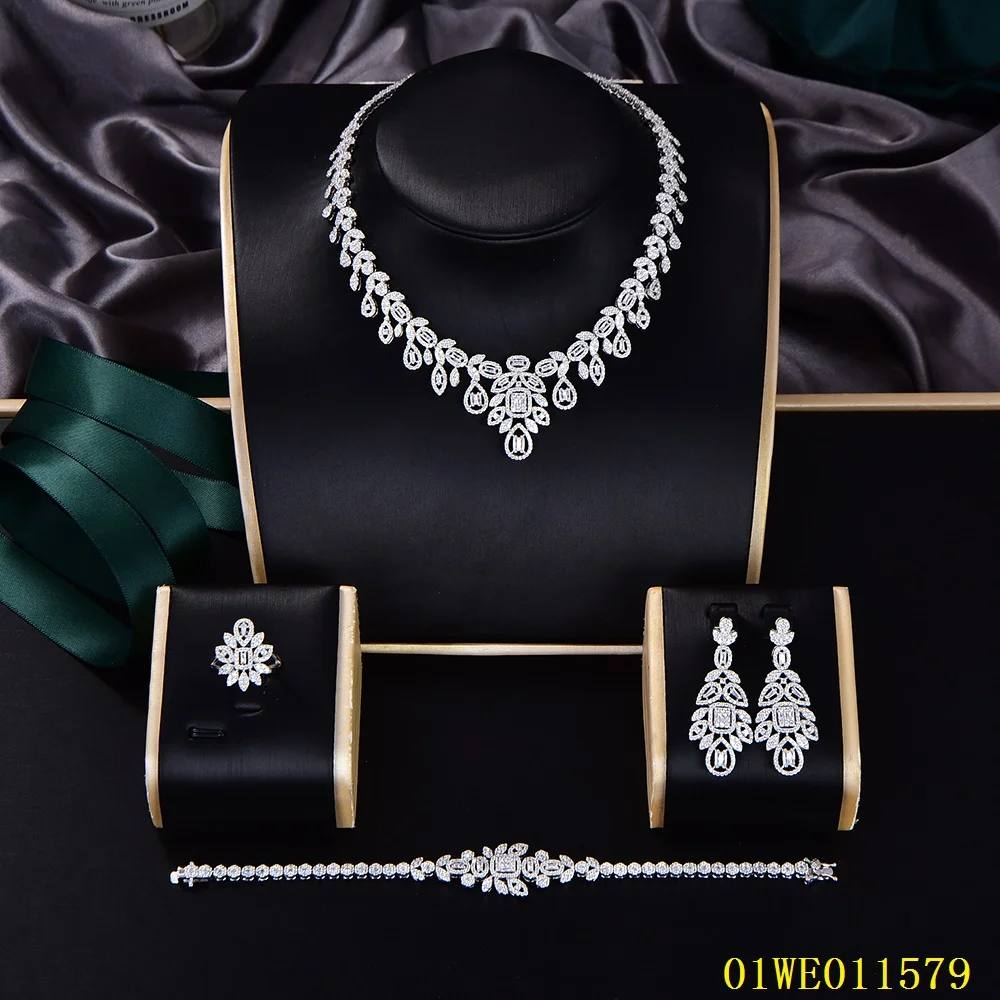 Uae Luxury Bling Heavy Cz Stone Paved 4pcs Saudi Arabian Party Stone Woman 925 Sterling Silver Bridal Jewelry Sets For Wedding