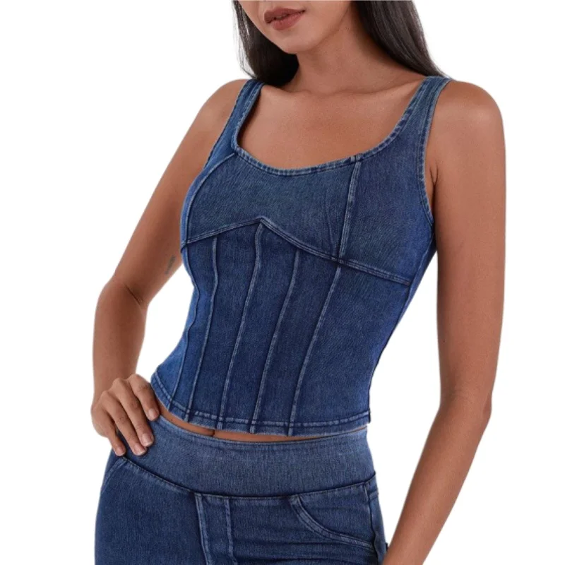 Aoyema Fashion Sexy Solid color Sleeveless U-shaped High Elastic denim Tank irregular suspender  Slim Sexy Yoga Tops Vest