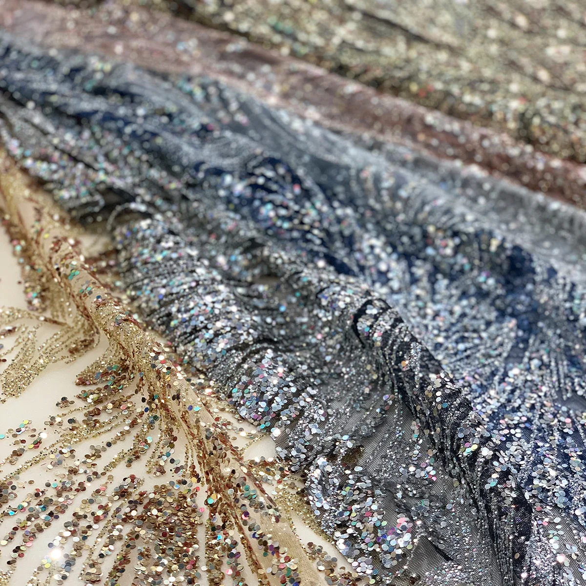 High Quality Fancy Design Shiny Glitter Bridal Wedding Lace Fabric For Lady Party Dress African Custom Silver Sequins Tulle Mesh