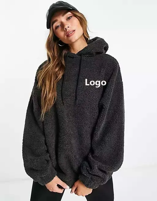 Custom logo oversized hoodie in borg fleece in charcoal Streetwear Pullover women borg hoodie