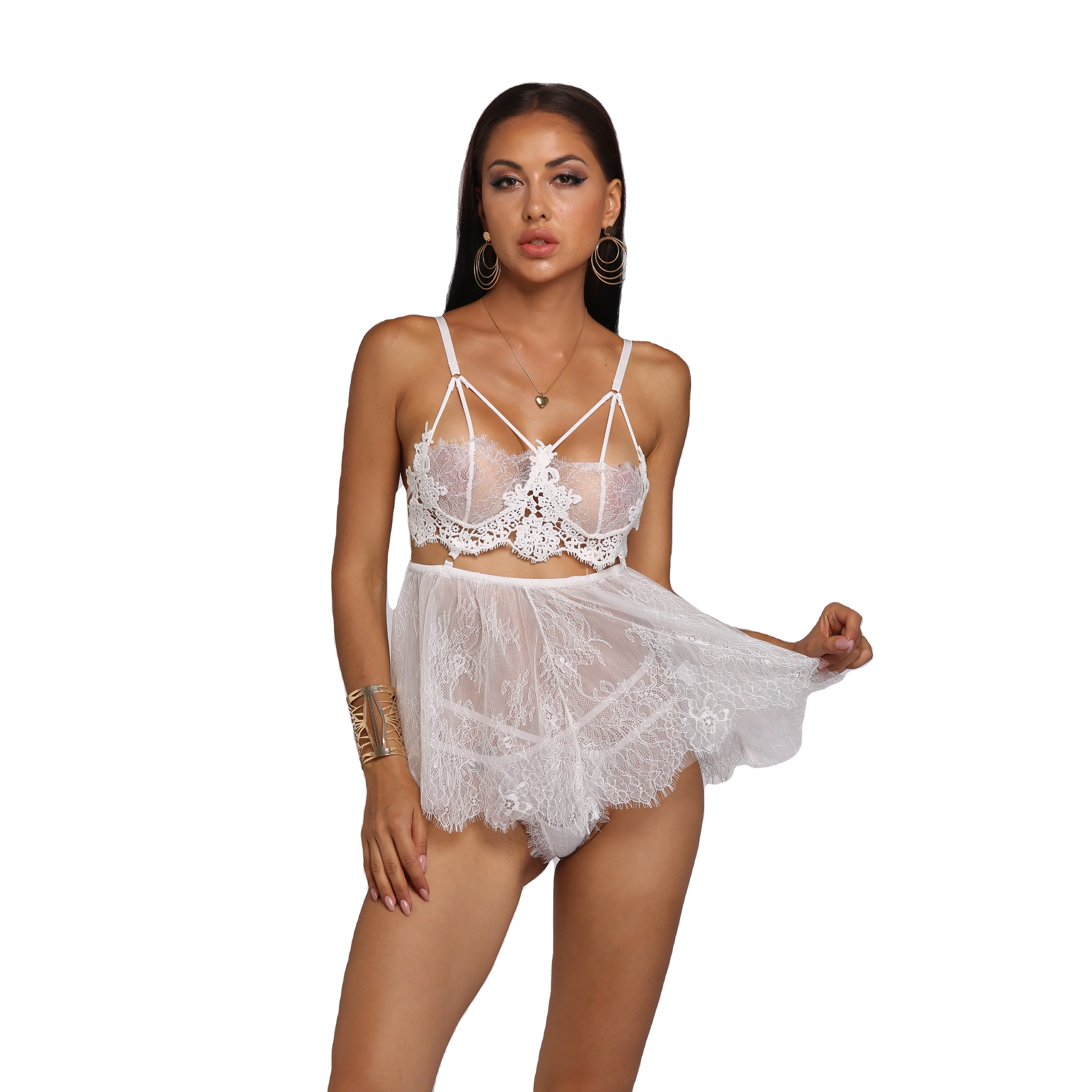 Summer sexy lingerie set pajamas lace sexy underwear loose white mesh suspender skirt perspective pajamas
