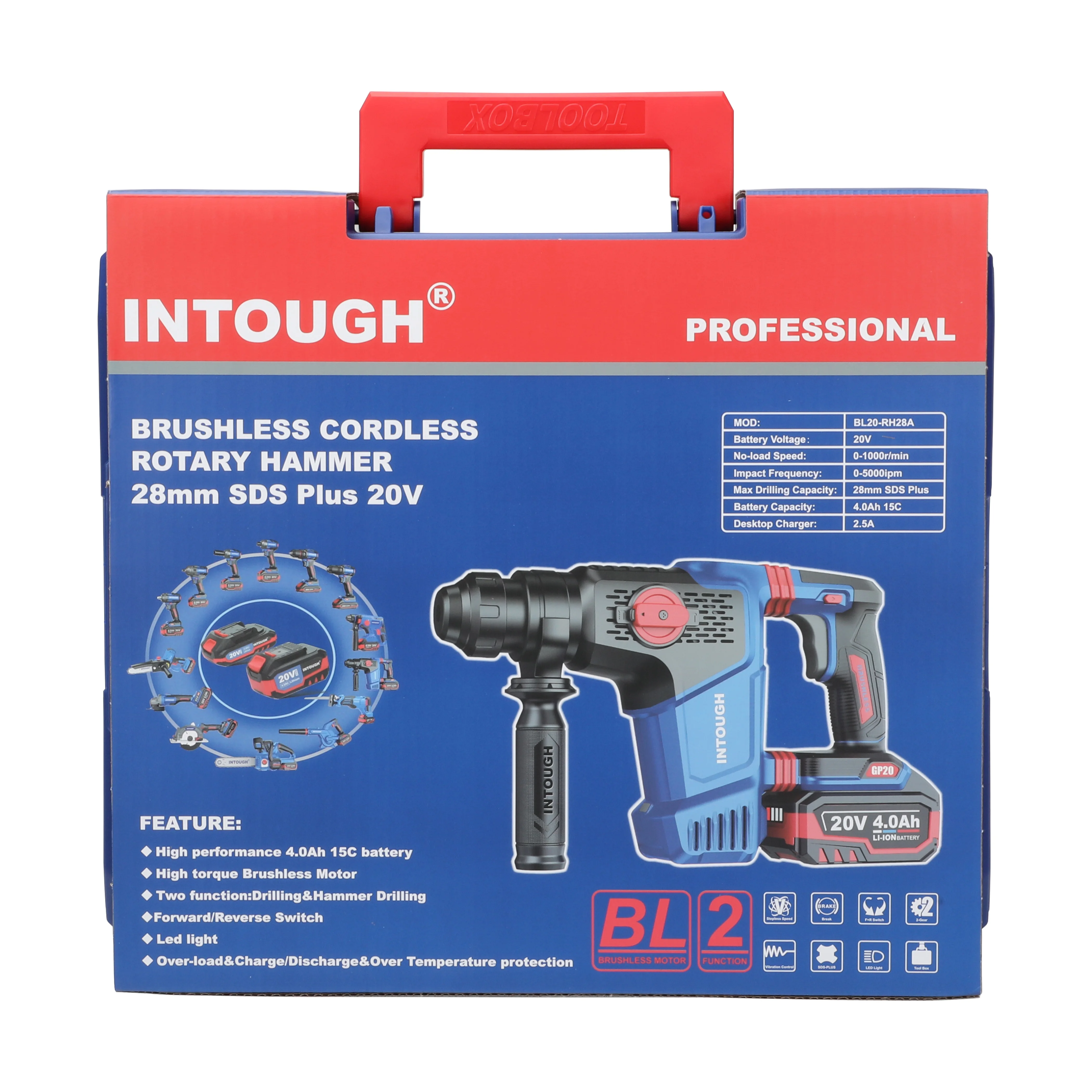 INTOUGH 20V 4Ah Li-ion Battery Brushless Rotary Hammer SDS-plus Brushless cordless rotary hammer drill