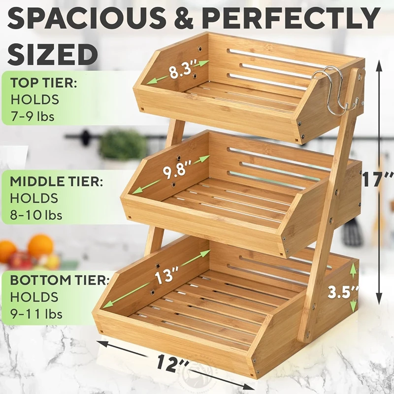 3-Tier Premium Bamboo Durable and Easy Fruit Stand for Countertop Bamboo Fruit Basket 3-Tier for Vegetables Bread and Snacks