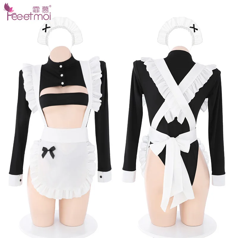 High quality cospaly sexy lingeries hollow out tube top white and black apron maid outfit sexy uniform sets