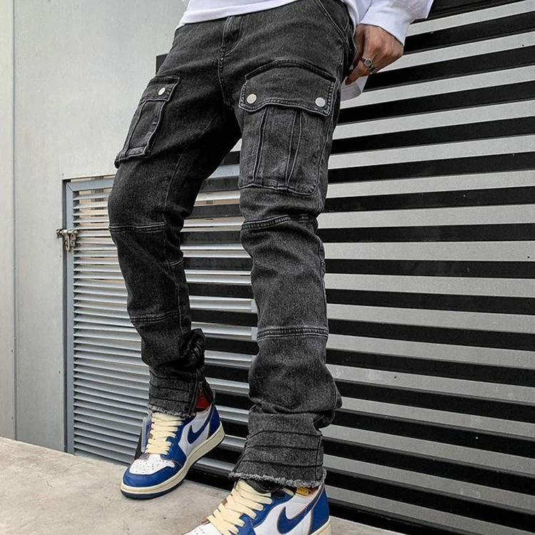 Huili Factory Custom Wholesale Slim Fitting Jeans With Flared Leg Opening Patched Pockets Denim Pants For Man
