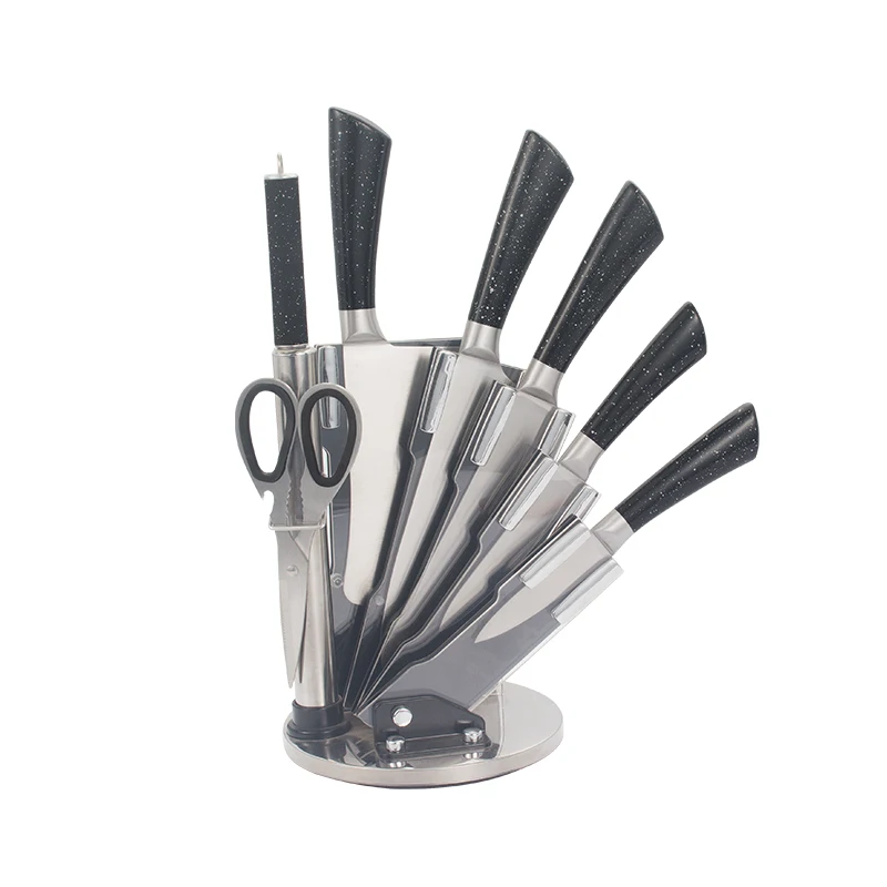 
Kitchen Hollow handle multifunctional Sharpener Scissor stainless Steel 8pcs kitchen Knife set with shinny coating handle 
