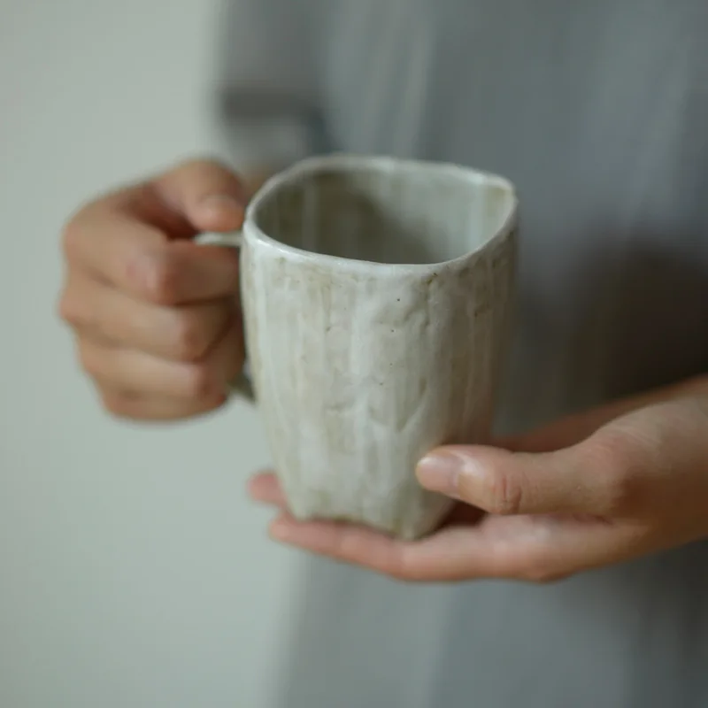 Handmade rough Pottery Mug creative square 300ml milk cup custom ceramic coffee cup  with handle