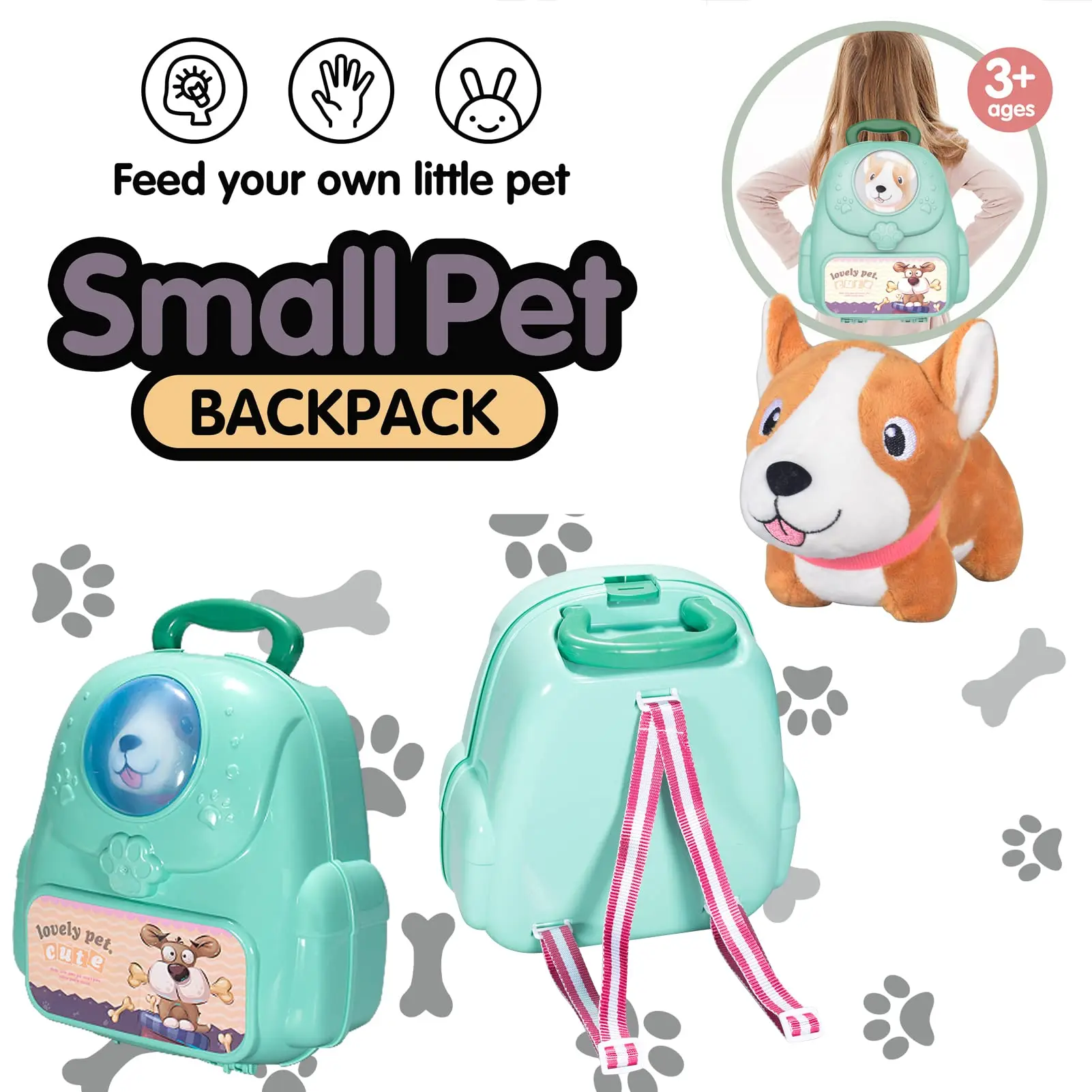 Children Pretend Play Toys with Pet Kids Role Play Pet Care Feeding Game Portable Backpack, Dog Toys Pet Vet Play set for Kids