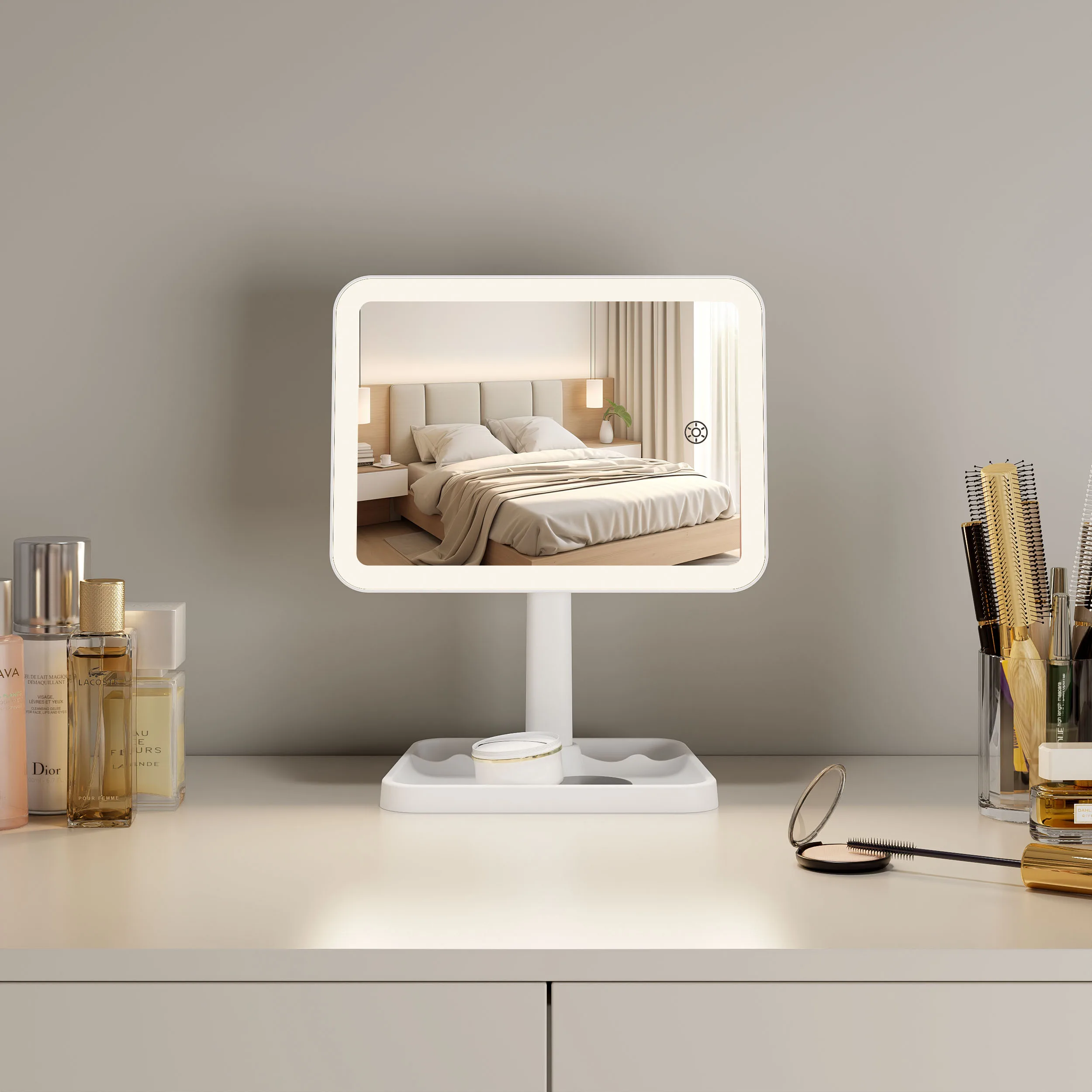 Women Smart Make Up 68 Led Lights Portable Tabletop Vanity Mirror With Lights Rechargeable Lighted Makeup Led Cosmetic Mirror