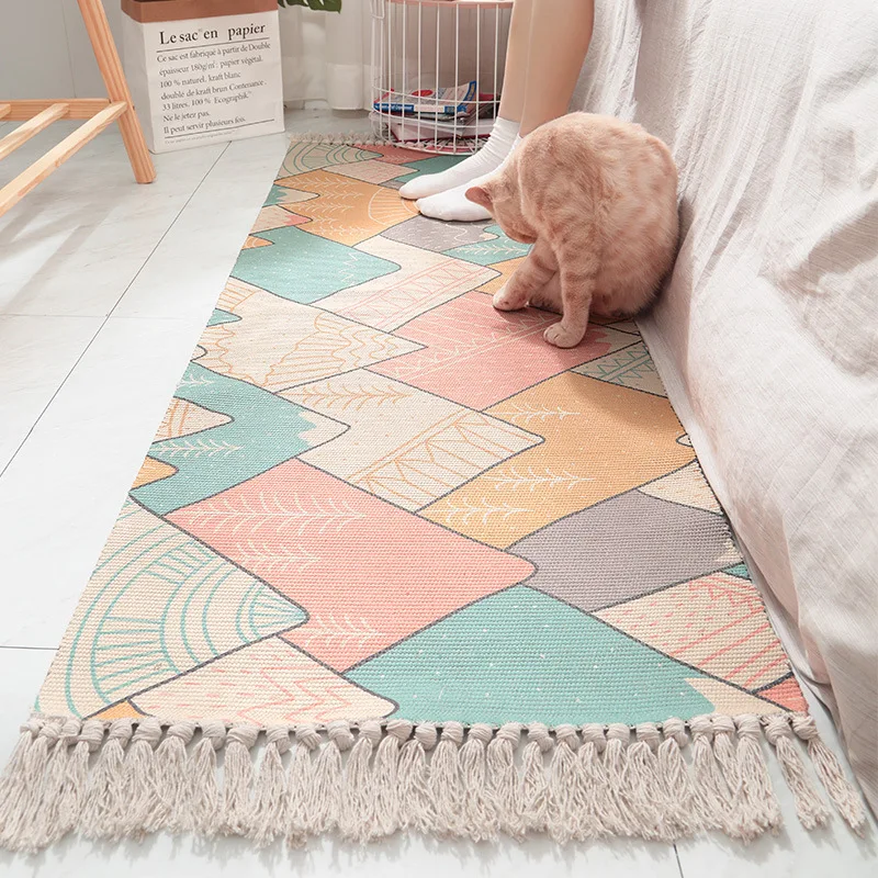 Tassels Woven Cotton Area Rug Washable Reversible Moroccan Accent Tribal Decorative Throw Floor Carpet Area Rugs for Entryway