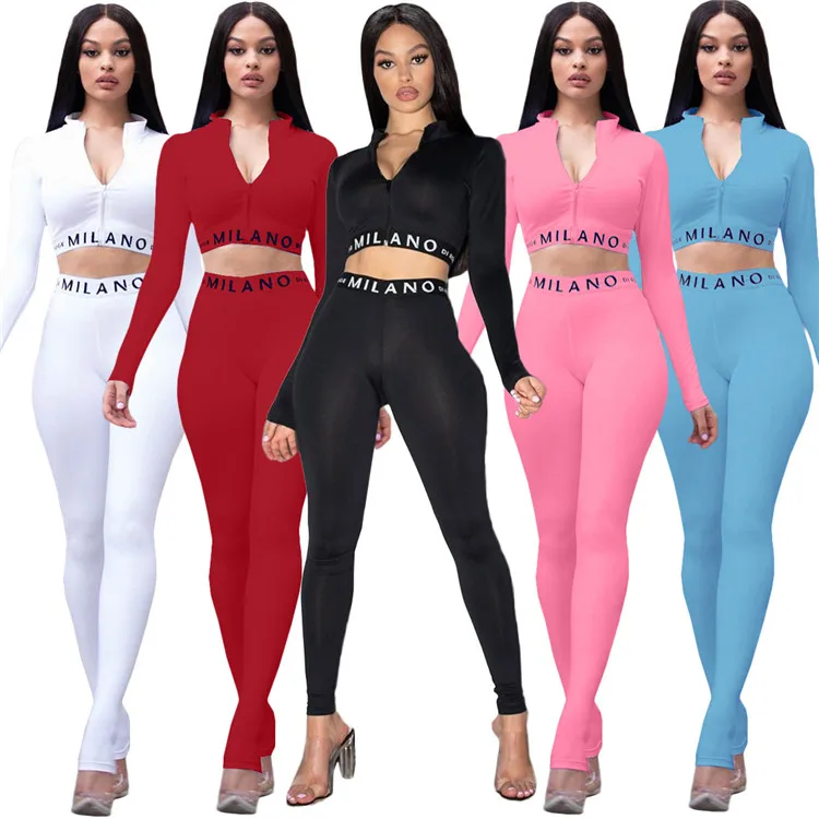 
2020 Autumn women clothing solid zipper long sleeve t-shirt ladies trousers high waist pants two piece set 