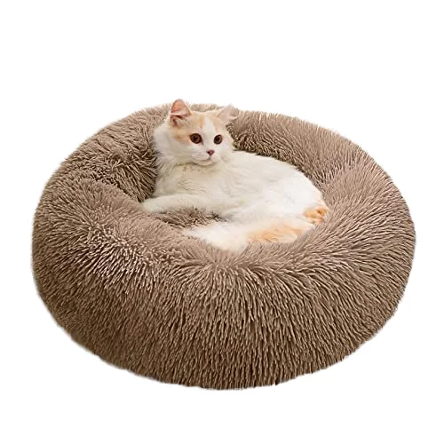 Bedsure Calming Cat Bed for Indoor Cats - Small Washable Round Cat Bed  Anti-Slip Fluffy Plush Faux Fur Pet Bed