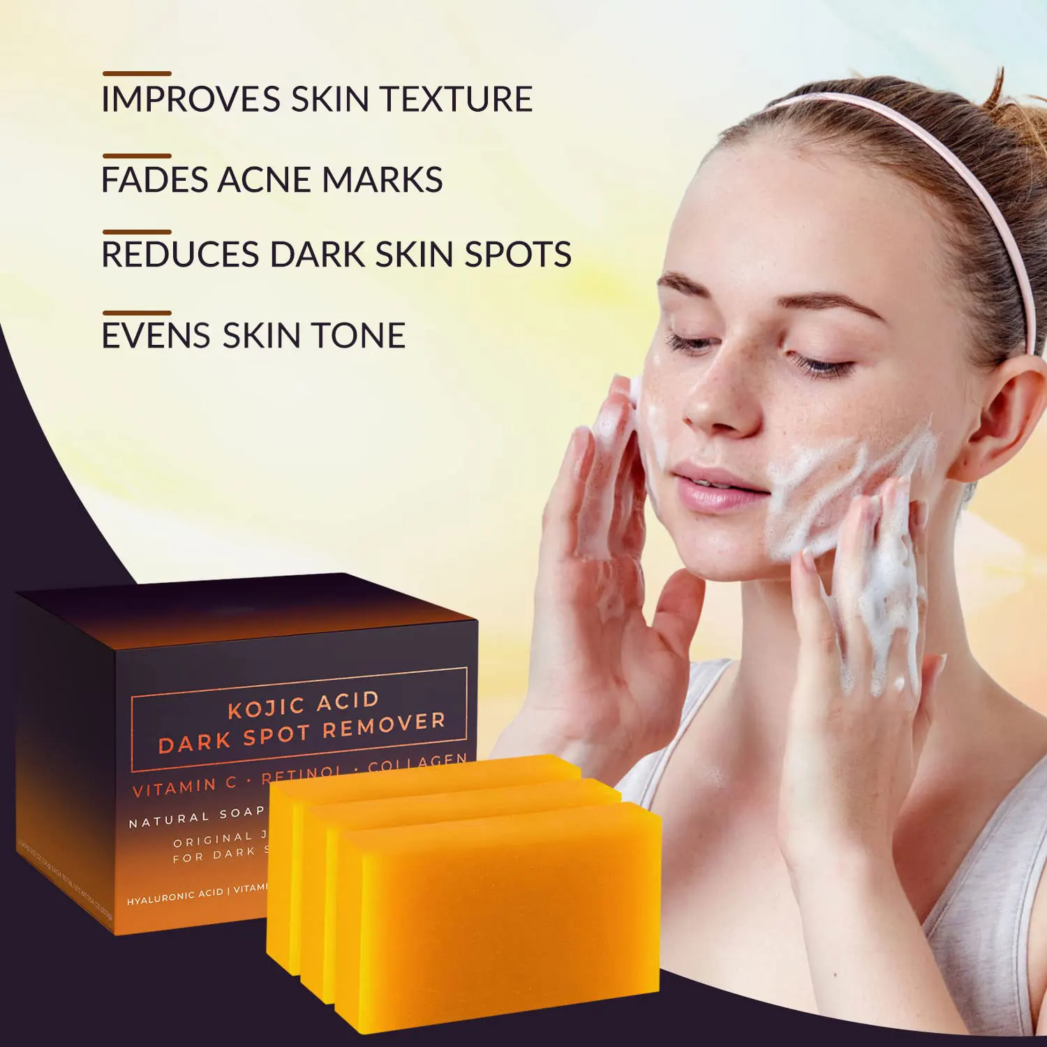 OEM Custom Lemon Turmeric Kojic Acid Body Cleansing Soap Vitamin C Retinol Collagen Blend Moisturizing Anti-Aging for Adults