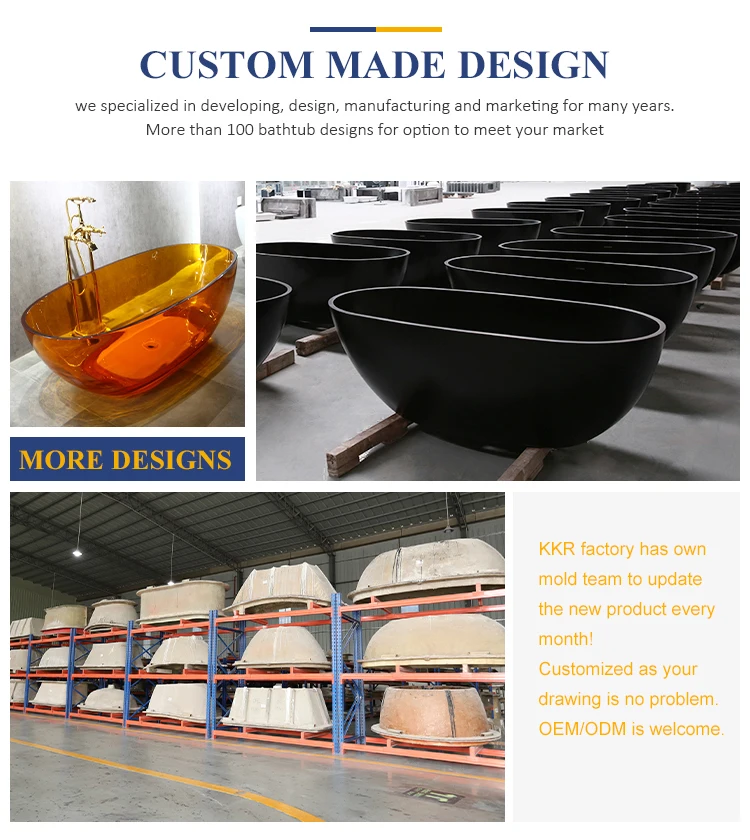 Elegant Black Acrylic Resin Solid surface Bath Tub Bathroom Whirlpool Bathtub with Drainage