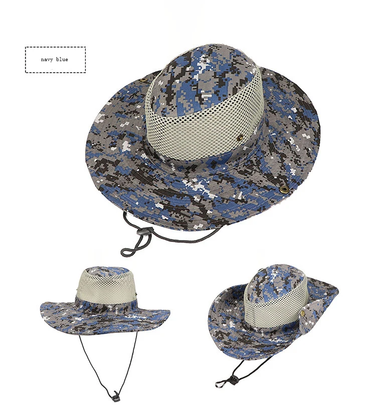 Sun Protection Fold brim Flat Top Mesh Camouflage Boonie Bucket Hat cap with string