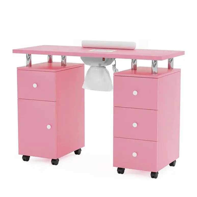 Pink Manicure Table With Drawers, Storage Shelves Beauty Nail Desk With Glass