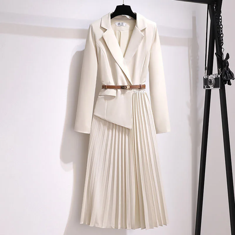women blazer dress long sleeves spring autumn formal career dresses pleated lady suits vintage design