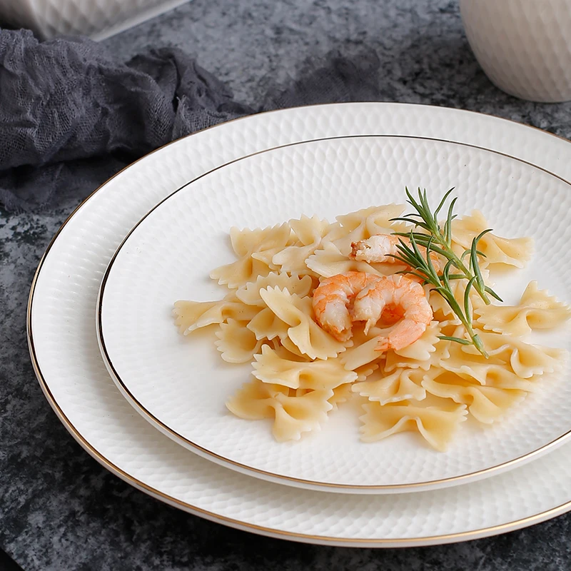 Ceramic White Embossed Bone White Fine Porcelain Round Dinnerware Set With Gold Rim