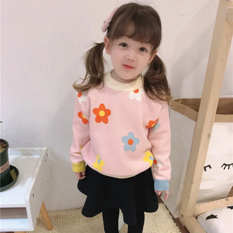 Autumn Winter Kids Velvet Sweater Girls Baby Flower Thicken Pullover Knit Bottoming Shirt Wechat Dropshipping
