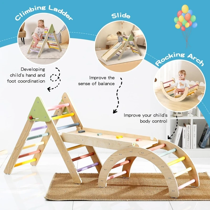 Colourful Foldable Piklers Triangle Wooden Montessori Climbing Triangle With Ramp Kids Indoor Playground Climber Gym Toys Set