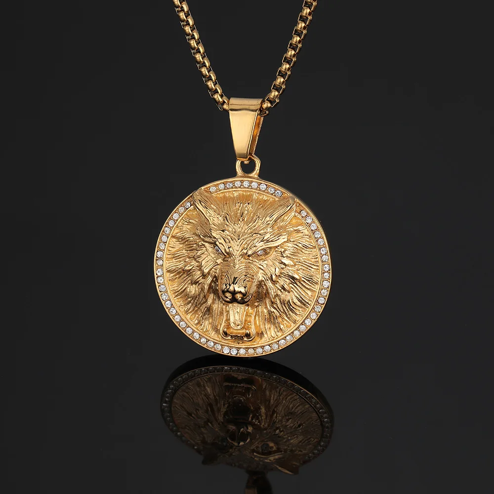 Хип-хоп Viking Wolf Head 18K позолоченные непотускненные фианиты не тускневые водостойкие ювелирные изделия из нержавеющей стали подвески для мужчин