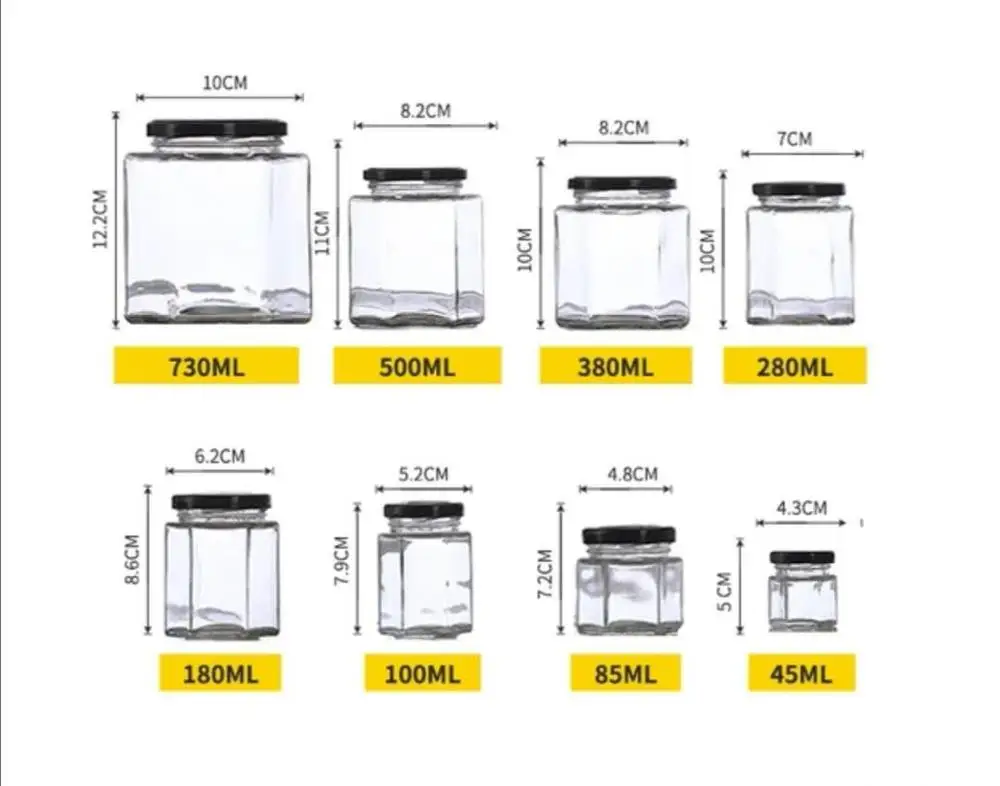 Wholesale 45ml 180ml 280ml Hexagon Storage Glass Jar with Lid Hexagonal Glass Bottle  for Food Honey Jam Hot Chili Sauce