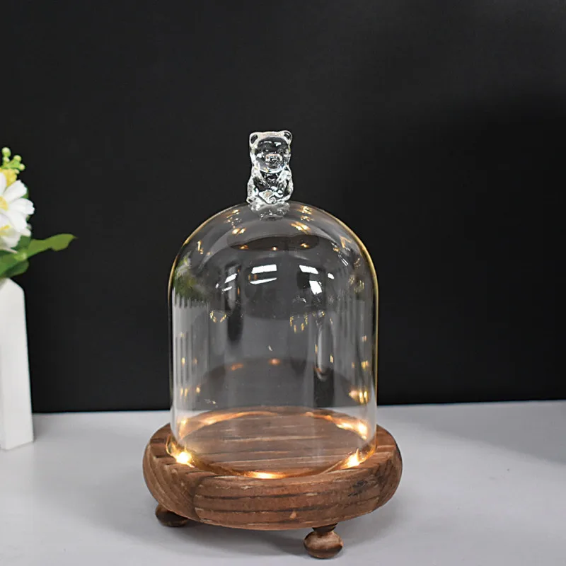 Clear Antique Round Cylinder Preserved Fresh Flower Glass Dome for Decoration with Cork Wooden Base