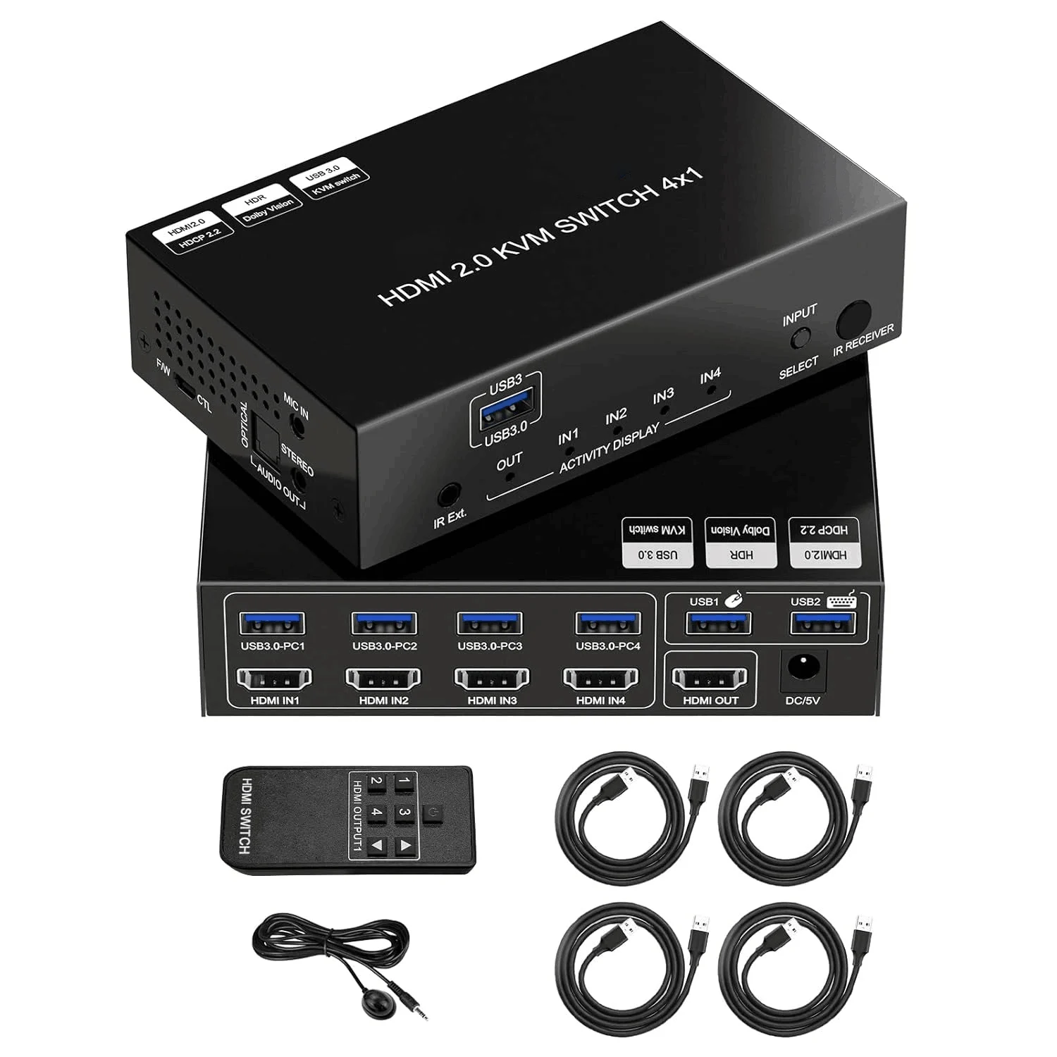 4 Port KVM Switch Kit HDMI 4K60Hz with USB 3.0 Docking Station, 4 PCs 1 Monitor Mic L/R output KVM Switches