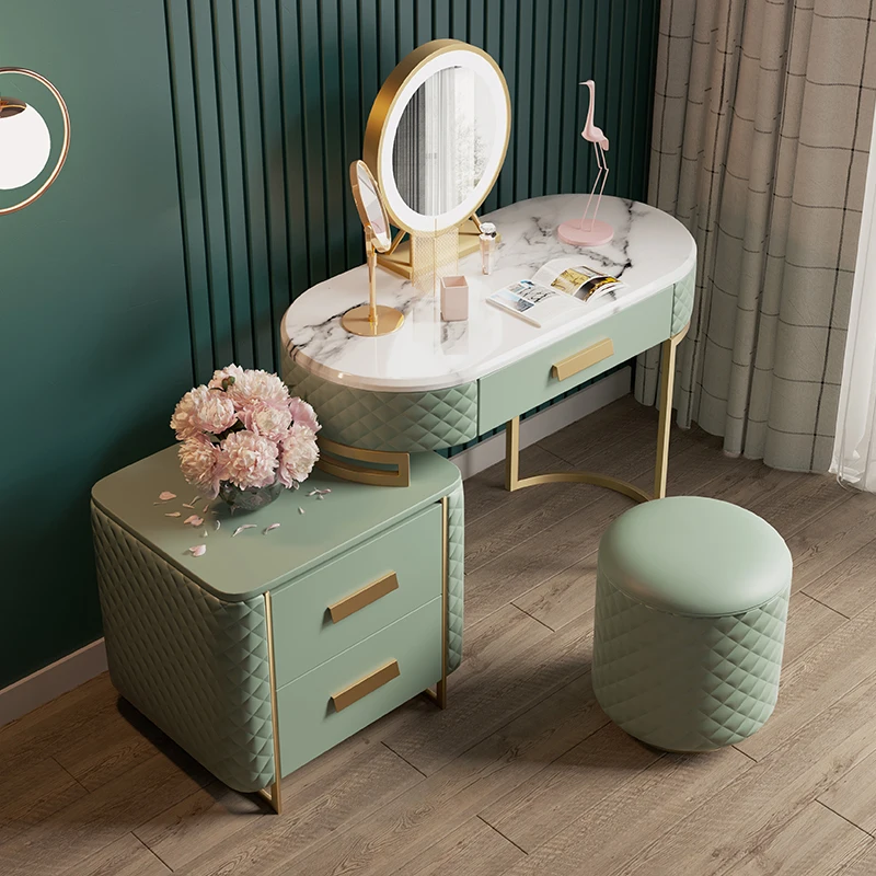 Modern Kids Dressers Luxury Design Vanity Makeup Table Leather and Stainless Steel Dressing Table with Mirror and Stool