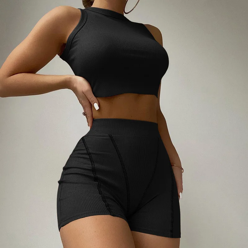 Summer Sport Women Shorts Set Two Pieces One Suit Ribbed Knitted Crop Top And Biker Shorts Booty Shorts Set Tracksuit