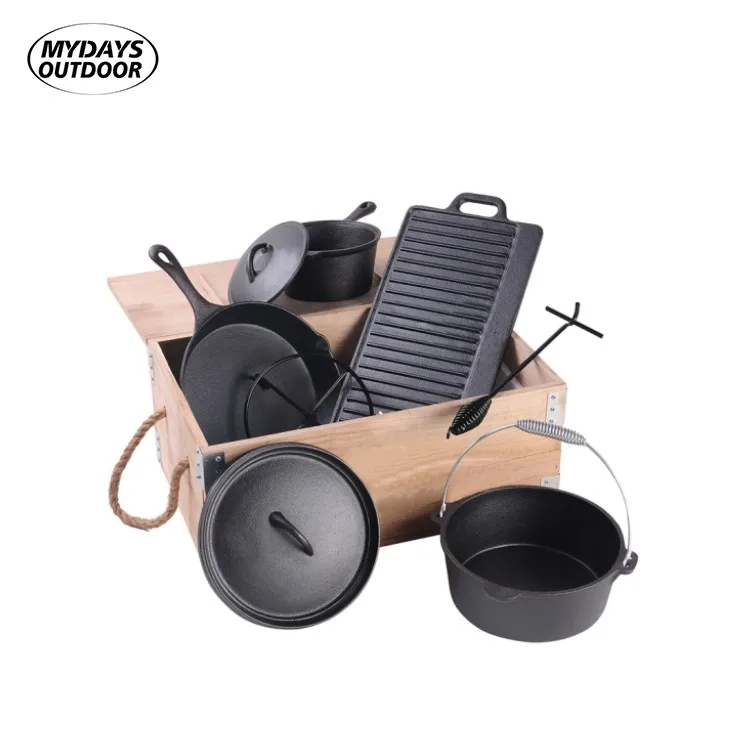 Mydays Outdoor Camping Cooking Set 7pc Cookware Cast Iron Griddle 4.5qt Dutch Oven with Wood Box Package