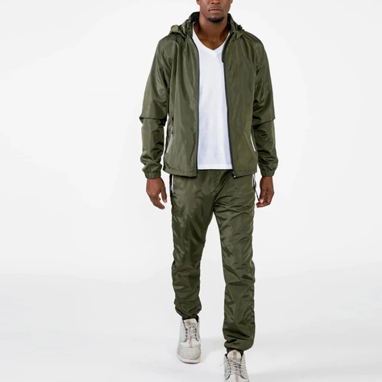 wholesale men unisex windbreaker sweatsuit jogger tracksuit custom logo reflective nylon pants plain two pieces set