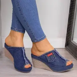 Hot selling spot slope with denim fish mouth slippers women wear high heeled plus size women